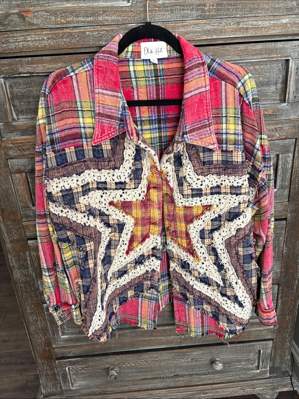 Oli & Hali Multicolor Plaid Button-Down Shirt with Crochet Star